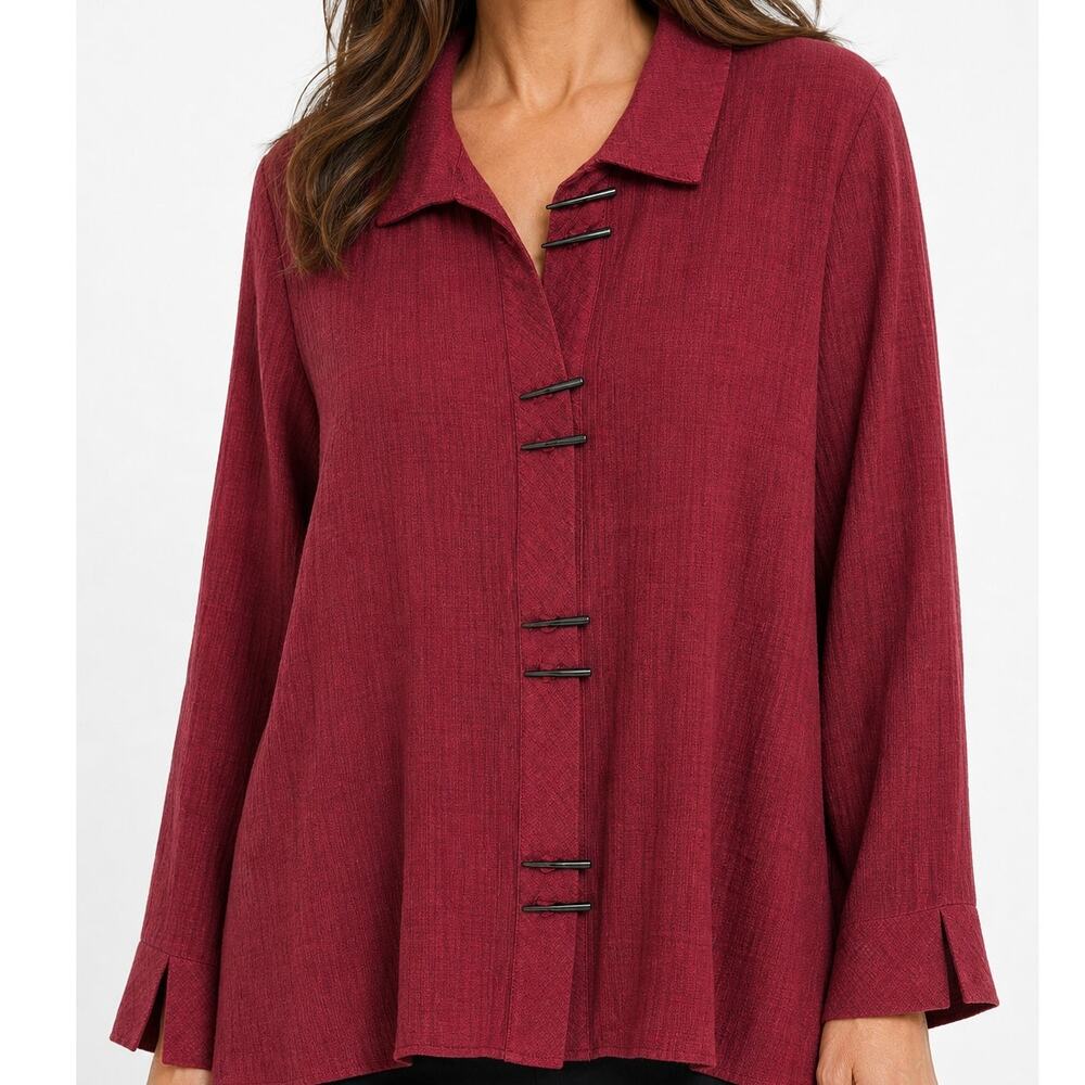 HabitaT Women's Burgundy Textured Toggle Button Jacket Top L Stlye #21297 Flowy